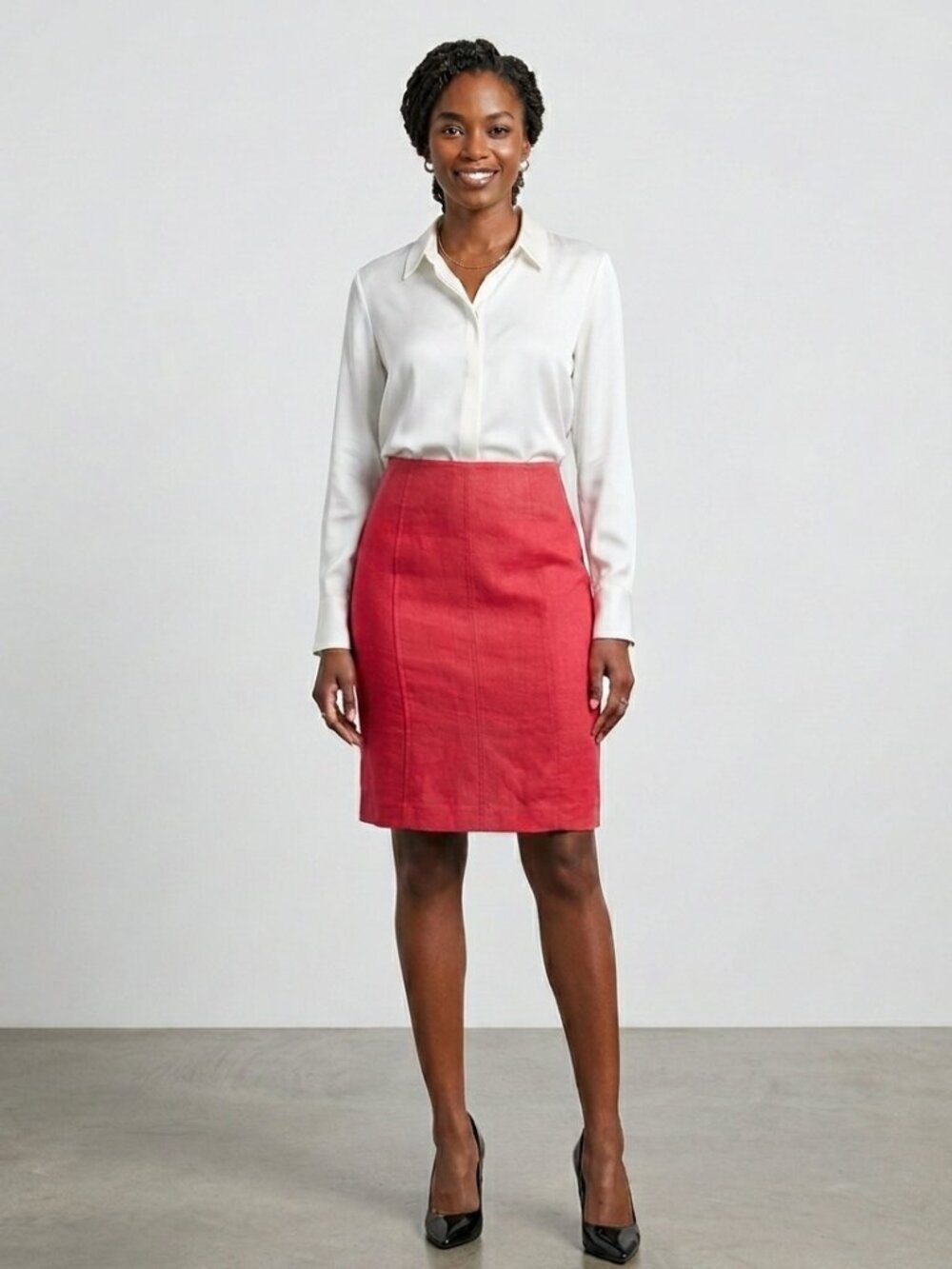 Red Knee-Length Pleated Skirt